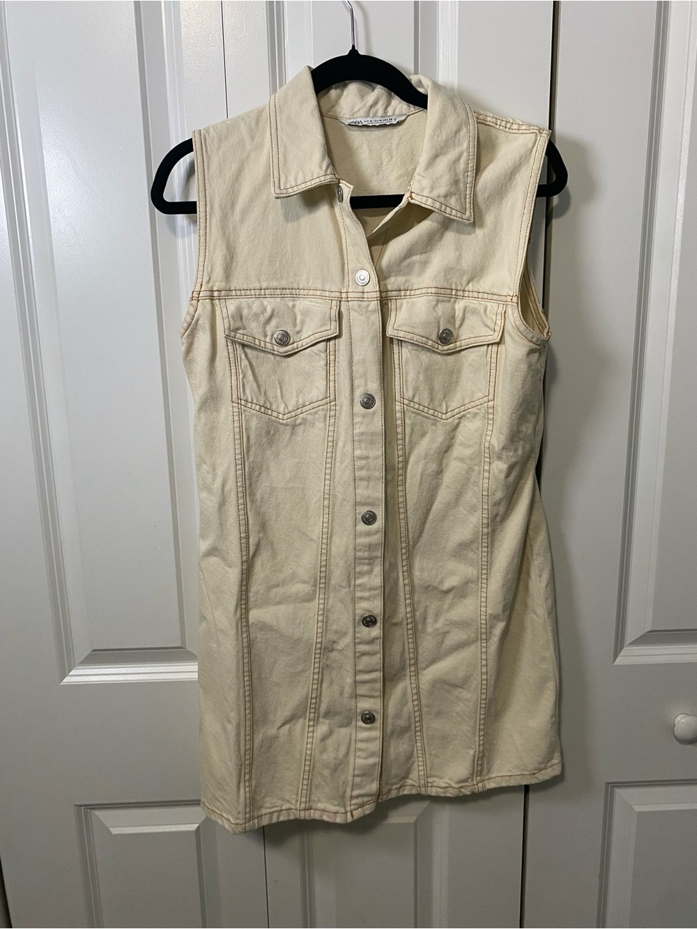 Zara Cream Sleeveless Denim Dress with Snap Front